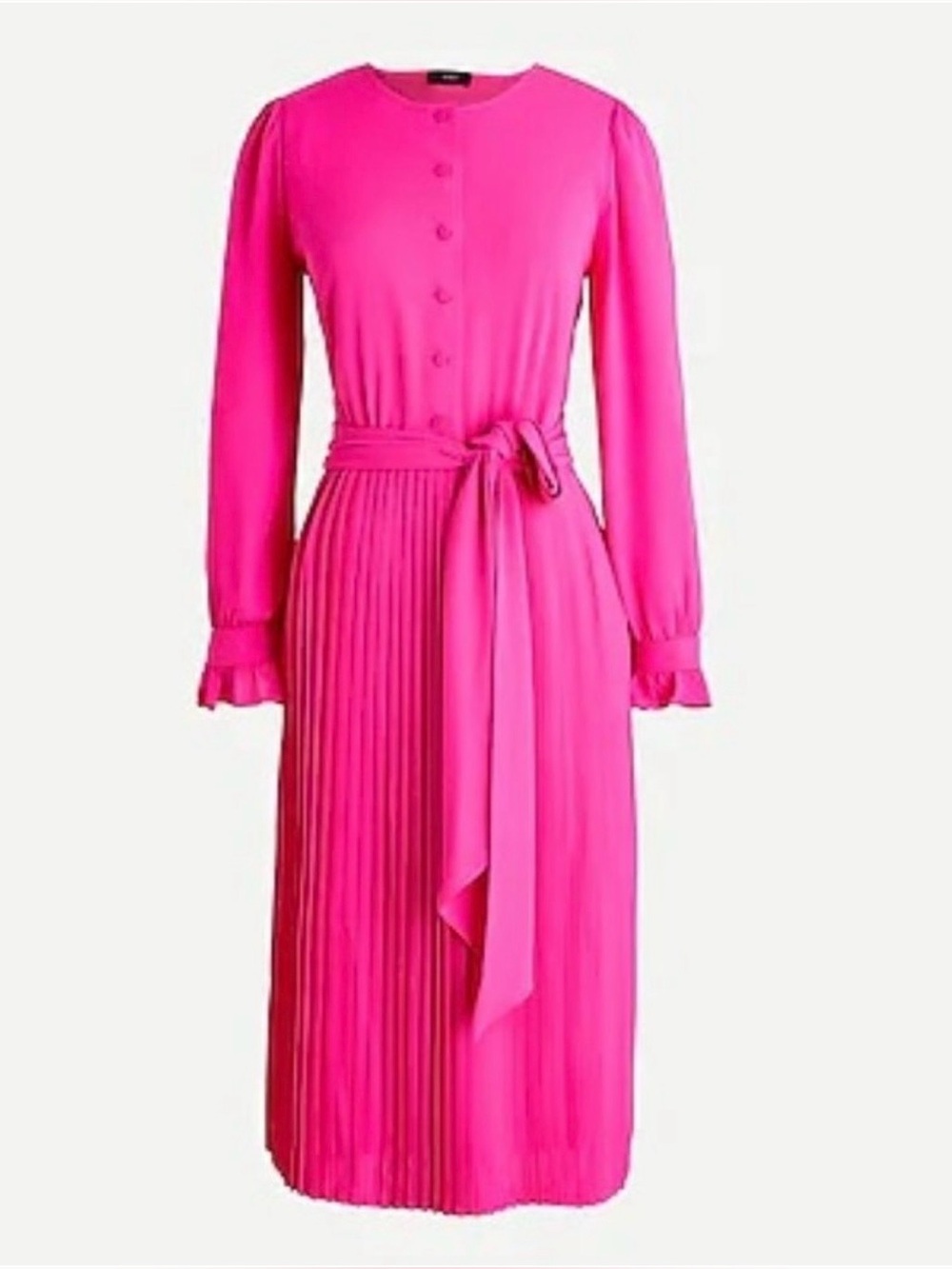 J.Crew Pink Fuschia Tie Front Pleated Long Sleeve Midi Dress, Neon Flamingo 6